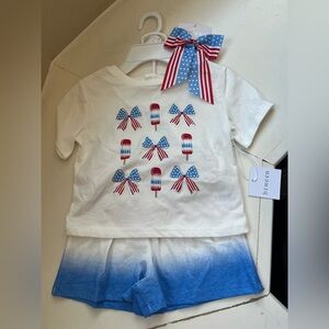 Girls Patriotic Bow and Popsicle 3 Piece Shorts Outfit